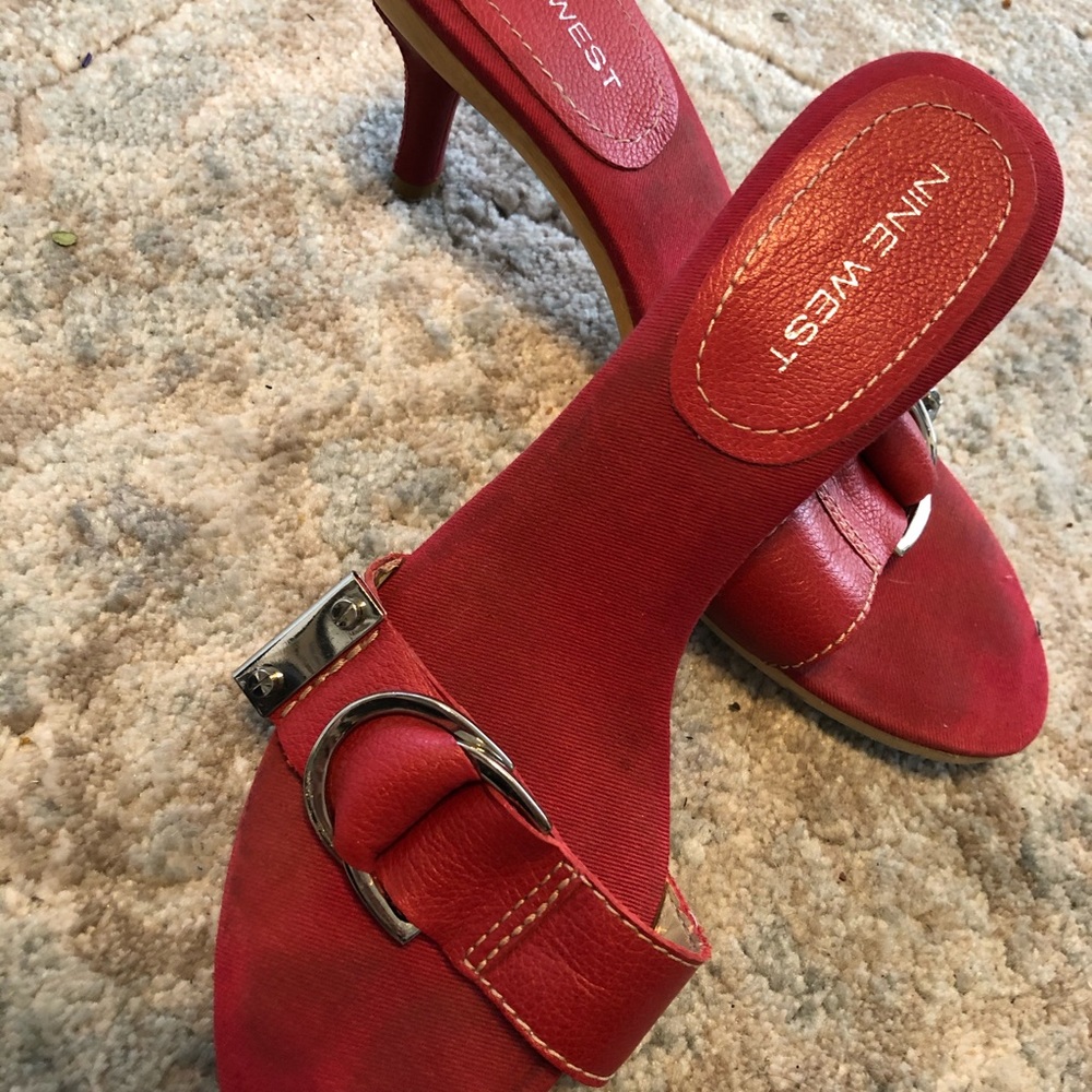 Red leather and wood CK Dougano mules